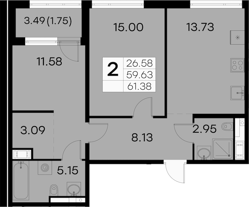 2-комнатная квартира 61.38 м², 8/8 эт., ЖК «GloraX Aura Vasileostrovsky»